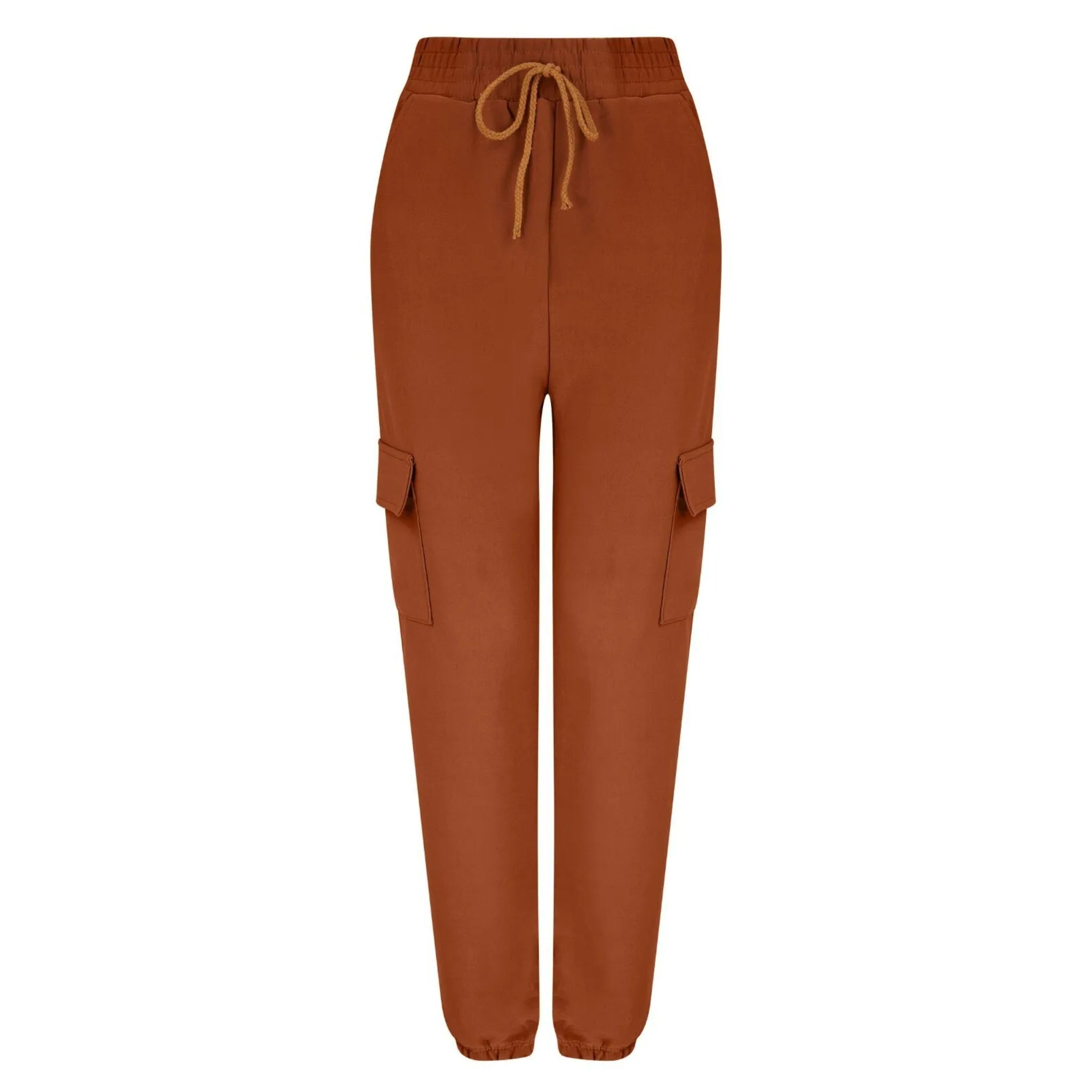 Women's terracotta combat-style joggers with elasticated waistband, drawstring tie, and side cargo pockets – casual utility trousers